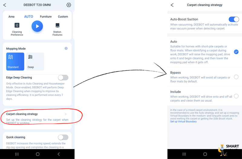 Der Umgang mit Teppichen wird in der ECOVACS DEEBOT T20 OMNI App eingestellt.